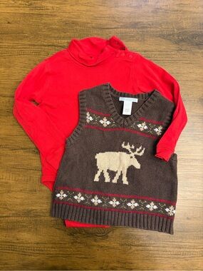 Janie & Jack Brown Moose Sweater Vest with Carter’s Red Turtleneck